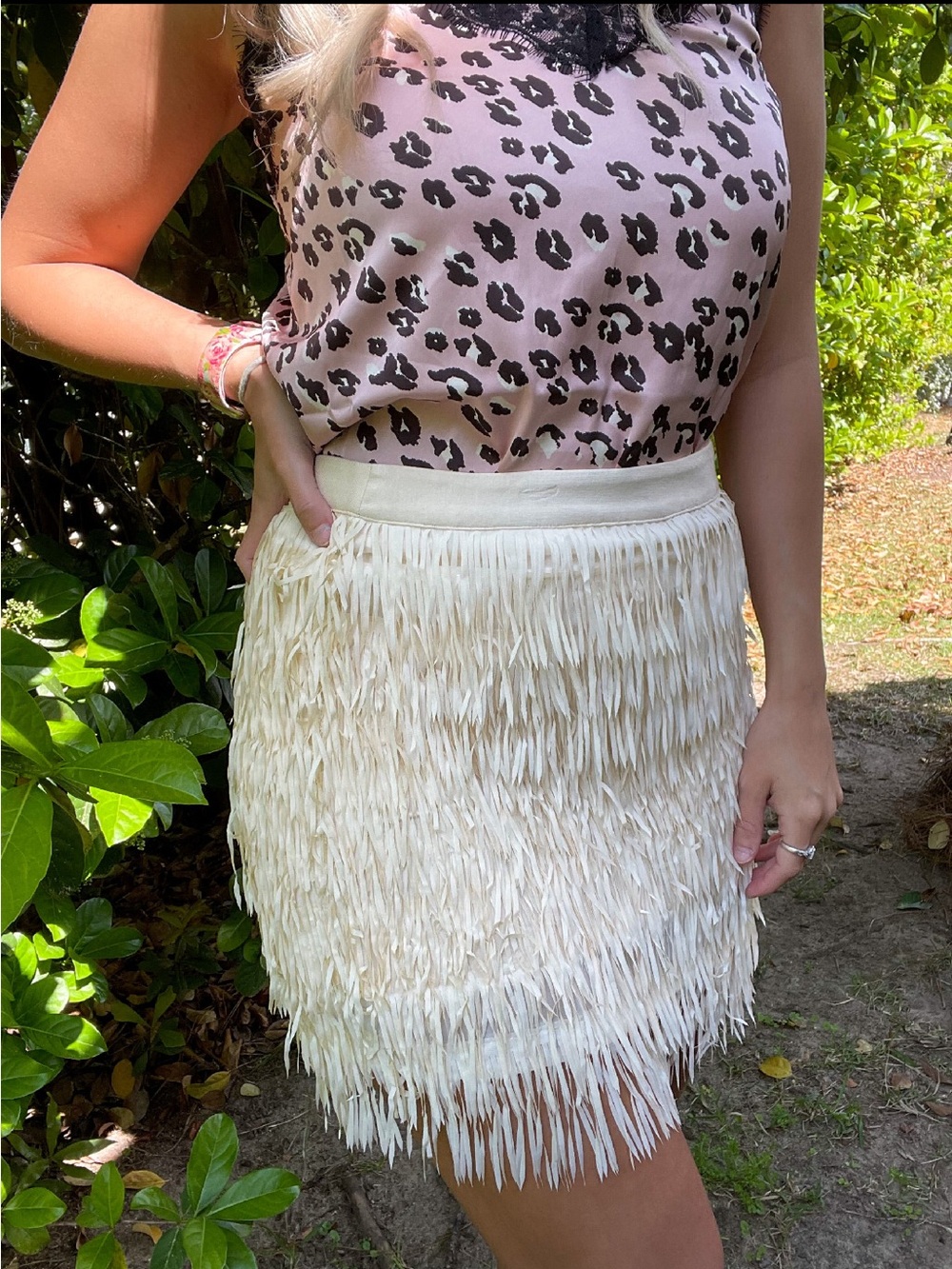 POL Cream Fringe Mini Skirt